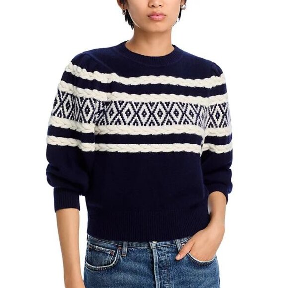 Aqua Cashmere Navy Fair Isle Cable Crewneck Sweater Size Small NWT - Picture 1 of 5